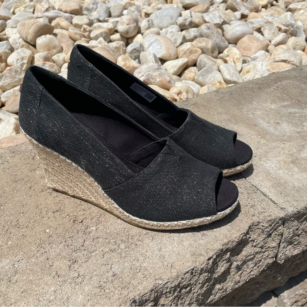 Toms Open Toe Black Wedges, Size 8.5